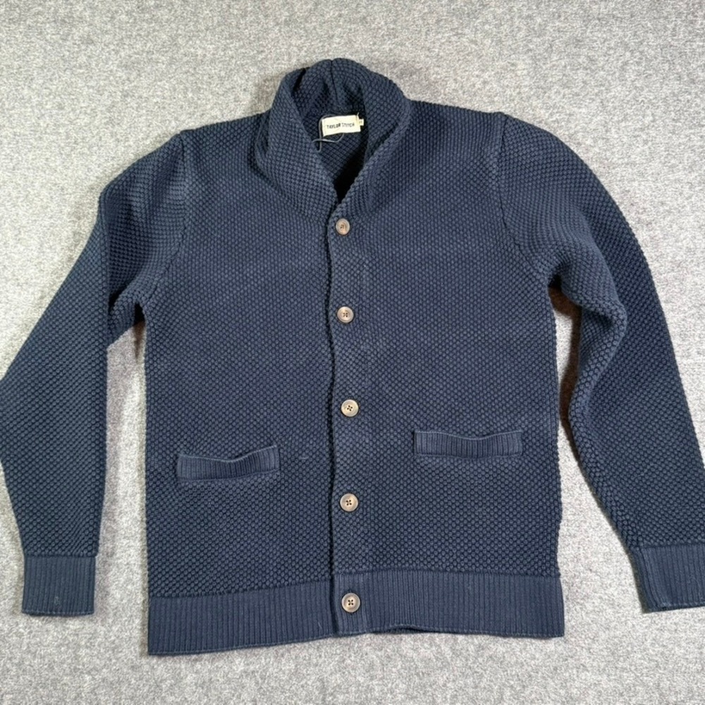 Taylor Stitch Mens Navy Blue Waffle Knit Shawl Collar Cardigan Size 42 L FADED